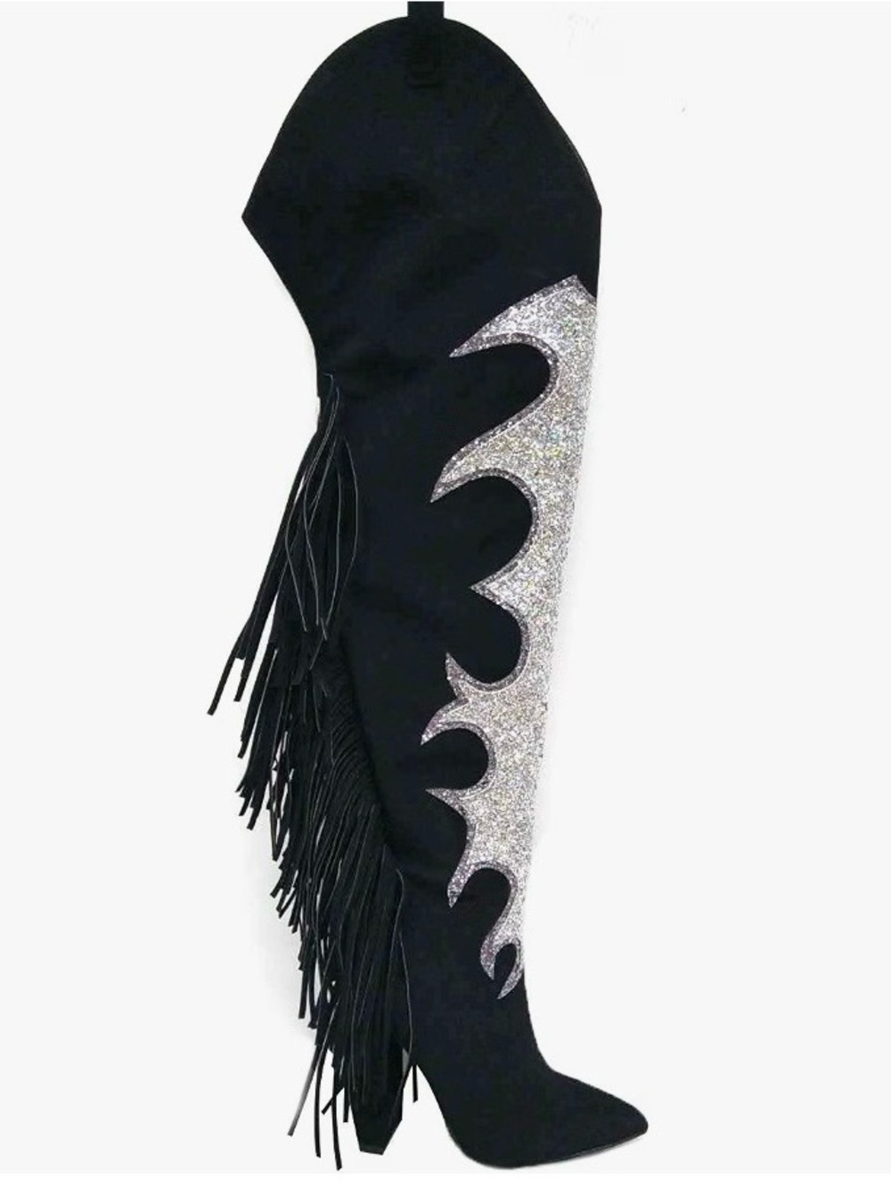 Black Over-the-Knee Suede Western Fringe Boot with Silver Sequins Flame Design